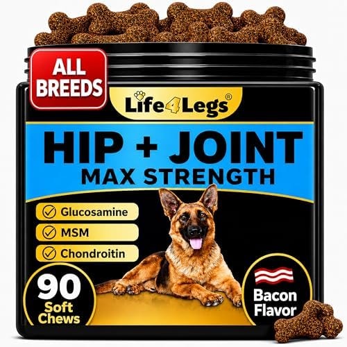 Life4Legs Joint Supplement for Dogs 500mg Glucosamine + 500mg MSM, Eggshell Membrane - Daily Hip and Joint Chews with Chondroitin, Green Lipped Mussel, Bacon Flavor, Non-GMO, 90ct