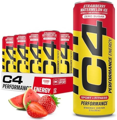 C4 Energy Drink 12oz (Pack of 12) - Strawberry Watermelon Ice - Sugar Free Pre Workout Performance Drink with No Artificial Colors or Dyes