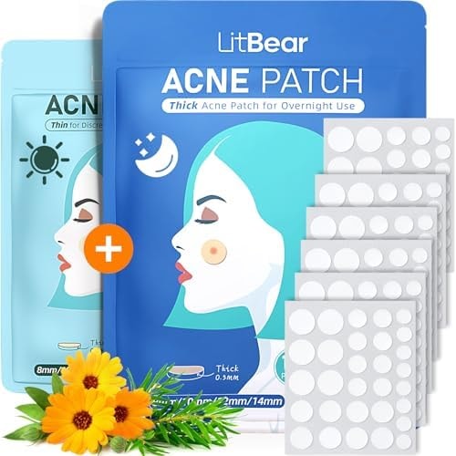 LitBear Acne Pimple Patches- Day and Night 4 Sizes 180 Dots Thin & Thick Hydrocolloid Patches with Witch Hazel, Tea Tree & Calendula Oil, Pimple Stickers for Covering Zits, Spots, Acne Dots