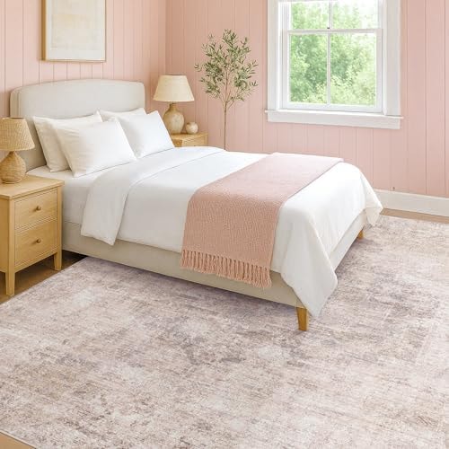 Modern Pink Mauve and Grey 5x7 Area Rugs for Bedroom - Abstract Living Room Rug, for Dining Room Under Table, Washable, Non Slip & Soft, Medallion Distressed Print Pattern, Distressed Design