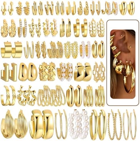 42 Pairs Gold Hoop Earrings Set for Women, Fashion Chunky Pearl Earrings Multipack Twisted Statement Earring Pack, Hypoallergenic Small Big Hoops Earrings for Birthday Party (Gold-42 pairs)