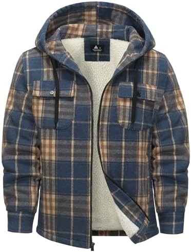 JACKETOWN Mens Flannel Hoodies Plaid Hoodies Winter Zip Up Fleece Jacket Sherpa Fleece Lined Warm Flannel Jacket Coat