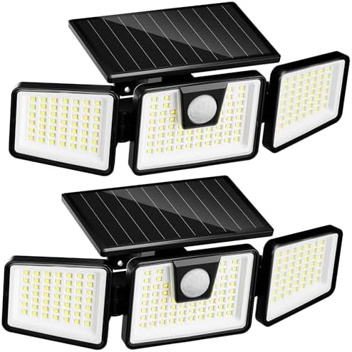INCX Solar Lights Outdoor Waterproof, 3000 LM 156 LED Motion Sensor Outdoor Lights, 3 Heads Solar Powered Security Flood Light Motion Detected Spotlight for Patio Garage Yard Entryways, 2 Pack Black