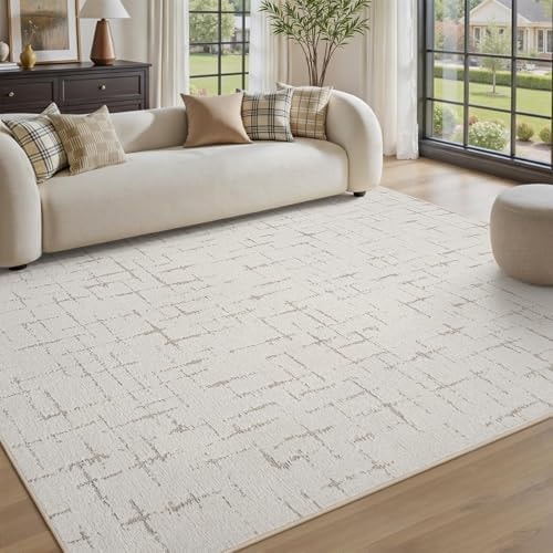 Engiw-Beige Neutral 6x9 Area Rug for Living Room Rug-Carpet Bedroom Rugs Textured Tufted Jacquard Modern Washable Rug for Dining Room Nursery Non Slip