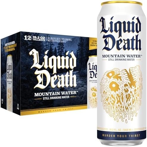 Liquid Death Still Mountain Water, Real Mountain Source, Ice-Cold Cans, Infinitely Recyclable, King Size 19.2 Fl Oz (Pack of 12)