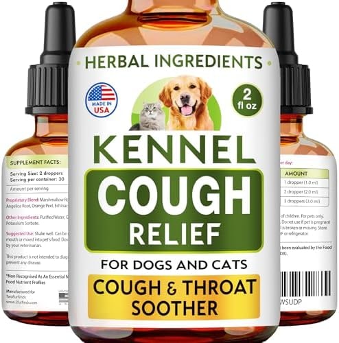 Kennel Cough Treatment for Dogs & Cats - Collapsed Trachea & Cat Asthma Support - Dog Cough Suppressant - Liquid Throat Soother - Dry, Wet & Barky Pet Cough Relief for All Breeds - Made in USA - 2 Oz