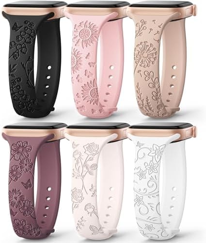 6 Pack Slim Floral Engraved Band Compatible with Apple Watch Band for Women