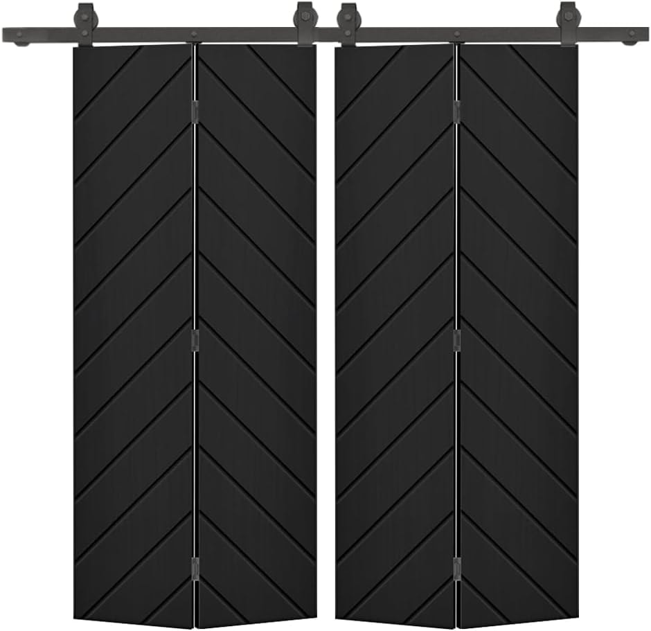 Herringbone 40 in. x 84 in. Black Painted MDF Modern Bi-Fold Double Barn Door with Sliding Hardware Kit