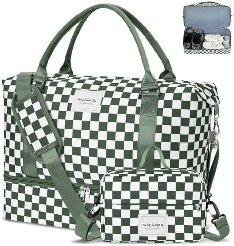 WOOMADA Weekender Overnight Bag for Women, Shoulder Travel Duffel with Shoes Compartment,Gym Bag with Toiletry Bag Large Size(Army Green Checkerboard)