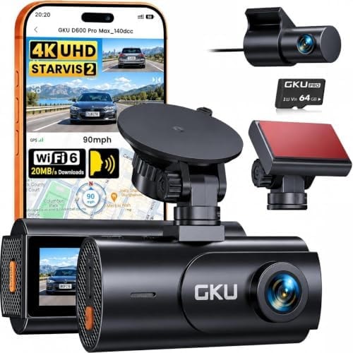 GKU 4K Dual Dash Cam Front and Rear, STARVIS 2 Sensor, 64GB Card Included