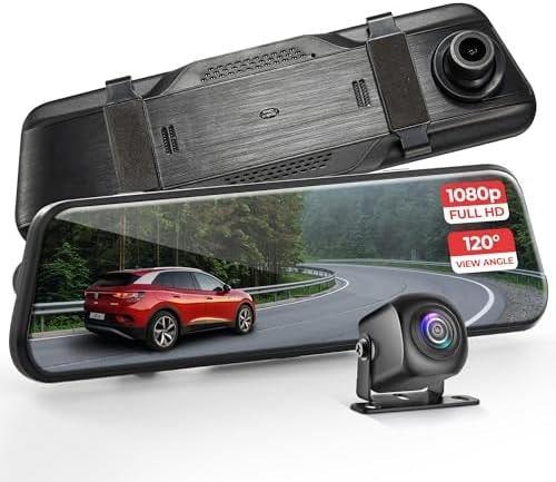 Pyle Dual Dash Cam Rearview Mirror, 1080p Full HD Front and Rear Car Camera with Night Vision, G-Sensor, Loop Recording, 9.66” Touchscreen, Backup Cam, Motion Detection, Wide-Angle Lens, 12" x 2" x 3"