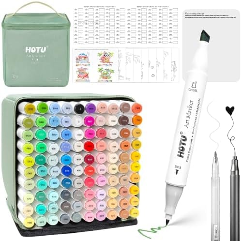 HOTU Alcohol Markers, 100 Color Fine&Chisel Tips Coloring Markers for Adults, 8-in-1 Alcohol Based Markers Set, 74 Vibrant Colors+25 Skin Tone Colors for Beginner Sketching, Drawing, CPC Certificated