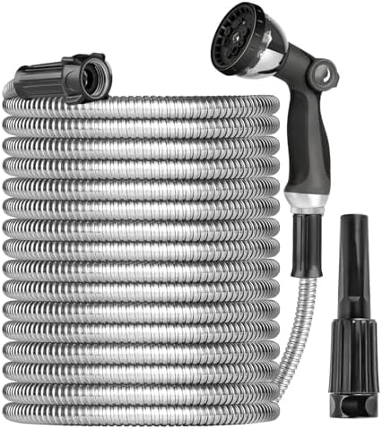 Ainpota Metal Garden Hose Water Hose 100ft Heavy Duty Stainless Steel Water Pipe with Sprayer & Nozzle Flexible Lightweight Hose No Kink Pet Proof Hose for Yard, Outdoors, Rv
