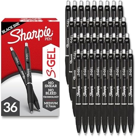 Sharpie S-Gel Pens, Medium Point (0.7mm), Black Gel Ink, 36 Count - Writing, Note-Taking, Office Supplies, No Smear, No Bleed