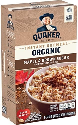 Quaker Organic Instant Oatmeal, Maple & Brown Sugar, Breakfast Cereal, 1.44 Oz (Pack of 8)