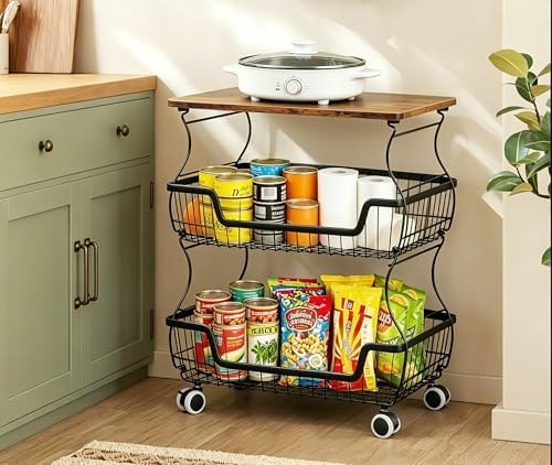 MAKE CHANGES Pantry Floor Organizeron with Wheels, 3 Tier Rolling Fruit Vegetable Basket for Kitchen Stackable Wire Basket Stand for Home Removable Metal Vegetable Rack Wire Snack Cart