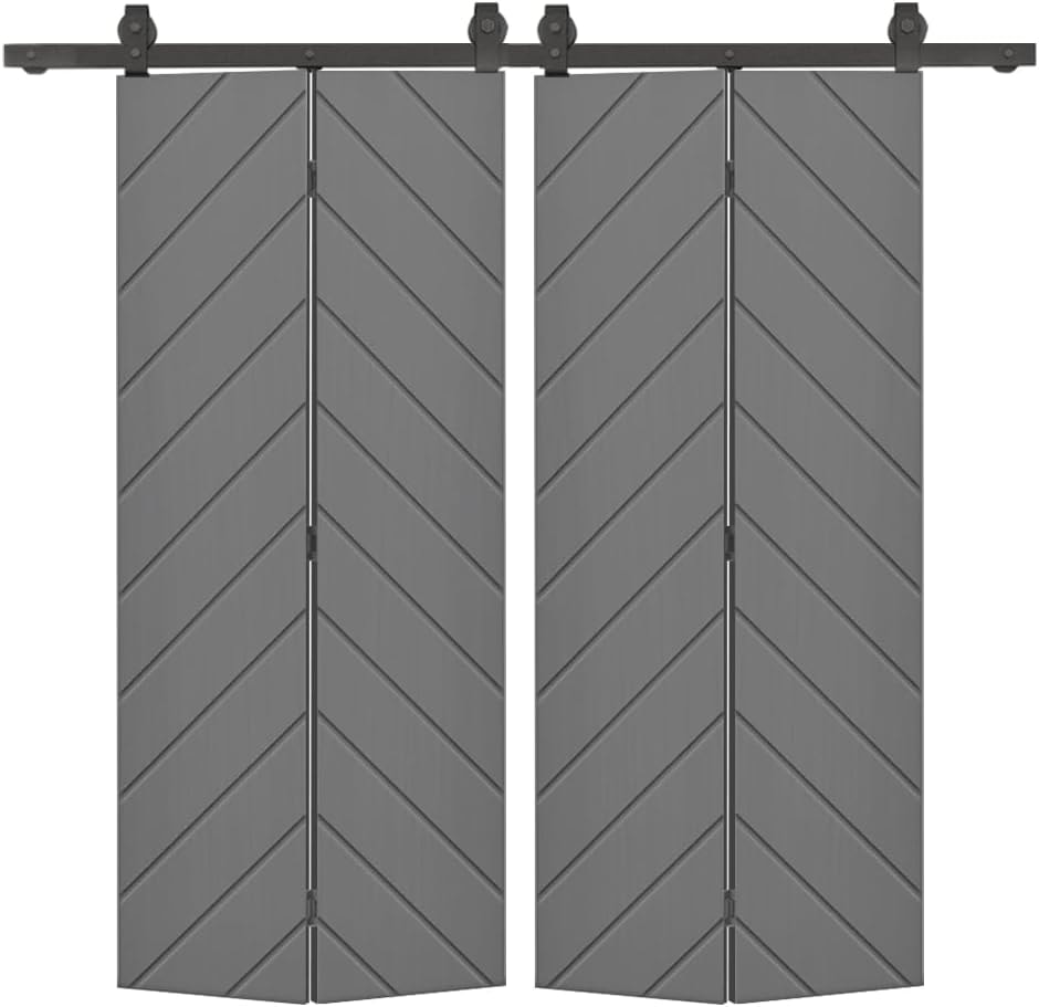 Herringbone 60 in. x 80 in. Light Gray Painted MDF Modern Bi-Fold Double Barn Door with Sliding Hardware Kit