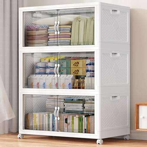 BROVIEW 480QT Extra Large Stackable Storage Bins, 120Gal Clear Plastic Closet Organizer Cabinet with Lid and Wheels, Collapsible Latch Boxes Folding Drawer with Door for Home Kitchen, V20 3Pack White