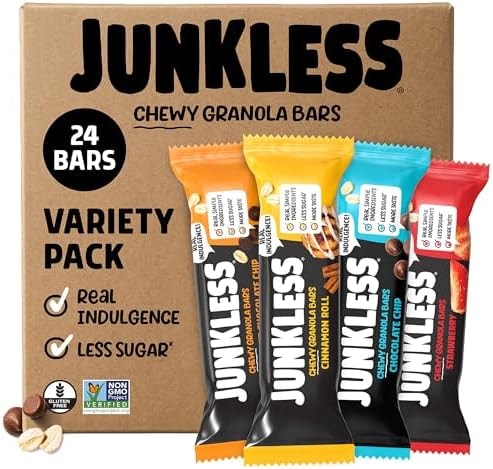 JUNKLESS Classic Chewy Granola Bars - Bulk Variety Pack, Gluten-Free, Non-GMO, Lower Sugar, Healthy Snacks for Kids & Adults, 4 Boxes (24 Bars)