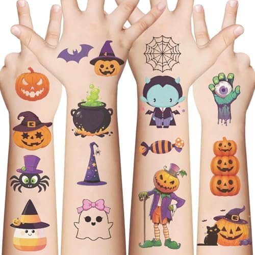 10 Sheets Glitter Halloween Temporary Tattoos for Kids, Birthday Party Favors, Cartoon Decoration Sticker Gifts for Girl Boys Home Activity Class Prizes Carnival Christmas Rewards