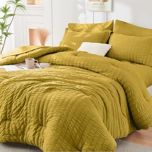 HYMOKEGE Mustard Yellow California King Comforter Set Seersucker 7 Pieces, All Season Luxury Bed in a Bag for Bedroom, Bedding Set with Comforter, Sheets, Pillowcases & Shams