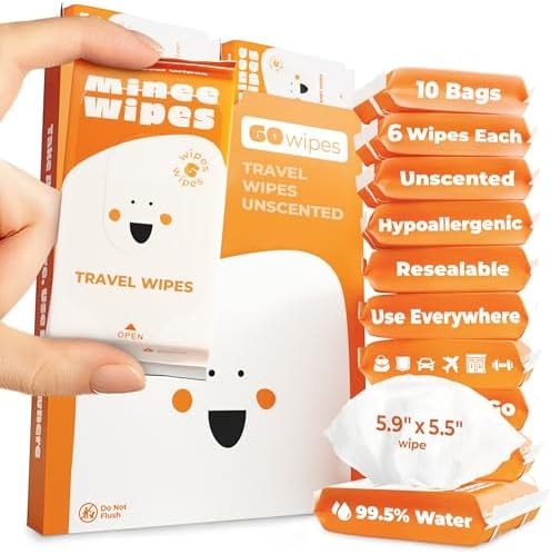 Impossibly Compact Travel Wipes - 99.5% Water - Safe for Sensitive Skin & Hypoallergenic, Resealable, Thick & Durable - For Adults & Kids - Unscented, 10 Pack Total 60 Wipes