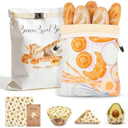 3pack Beeswax Bread Bags Set for Sourdough and Homemade Bread - 2 Pack XL Cotton Storage Bags with Zipper & Buckle Double Seal - Includes 13x13.9" Beeswax Wrap for Bowl Cover