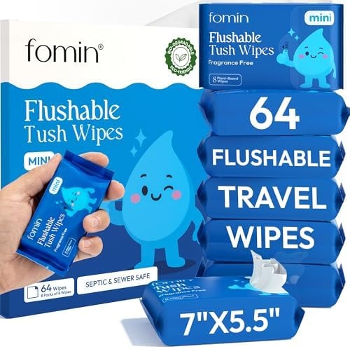 Fomin Compact Travel Flushable Wipes 8 Pack (64 Wipes Total) - Unscented Travel Size Wet Wipes for Adults - pH Balanced, Biodegradable, Plant-Based - Hypoallergenic Tush Wipes for Women & Men
