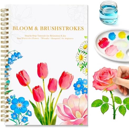 Creazic Watercolor Workbook for Beginners, Floral Water Coloring Book, 16 Sheets, 140lb/300gsm Cold Press Watercolor Paper, Step-by-Step Watercolor Guide for Stress Relief & Fun Painting (Book Only)