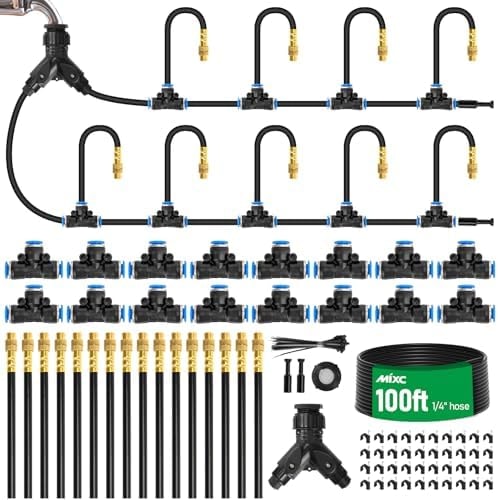MIXC 1/4" 100Ft Drip Irrigation System for Garden with 16pcs 360°Adjustable Brass Nozzles & Bendable Rod,Upgraded Watering System Kit for Outdoor Plants,Lawn,Raised Bed,Potted Plant,Yard,Greenhouse