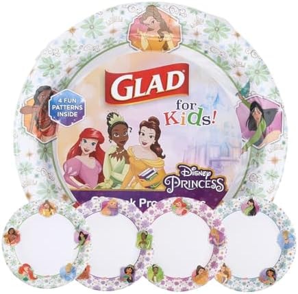 Glad for Kids Disney Princess Disposable Paper Plates Floral Frames Heavy Duty Soak-Proof Microwavable 10 Inch 30 Count Kid-Friendly