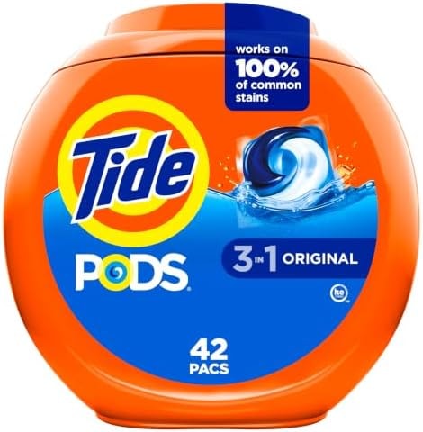 Tide PODS laundry detergent pacs, 3-in-1 Stain Remover, Odor Fighter, Color Protector, 42 Count, HE compatible, Original Scent