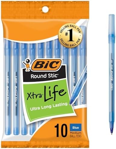 BIC Round Stic Xtra Life Blue Ballpoint Pens, 10-Count Pack, 1.0mm