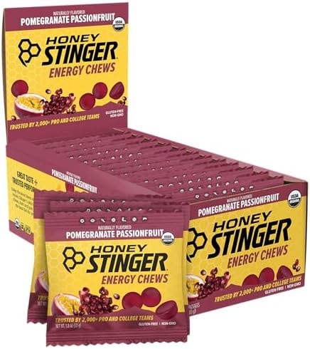 Honey Stinger Organic Pomegranate Passionfruit Energy Chew, Gluten Free & Caffeine Free, for Exercise, Running and Performance, Sports Nutrition for Home & Gym, Pre and Mid Workout, 12 Pack