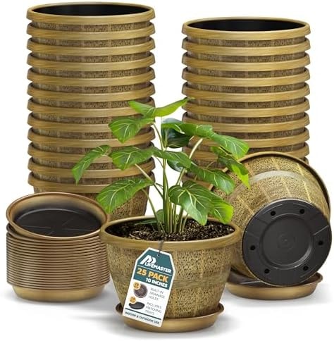 10-Inch Whiskey Barrel Planters Outdoor Pack of 25 - Durable Plastic Plant Pots for Indoor & Outdoor Use with Drainage & Saucer, Lightweight Rustic Barrel Planters for Flowers, Herbs & Small Plants