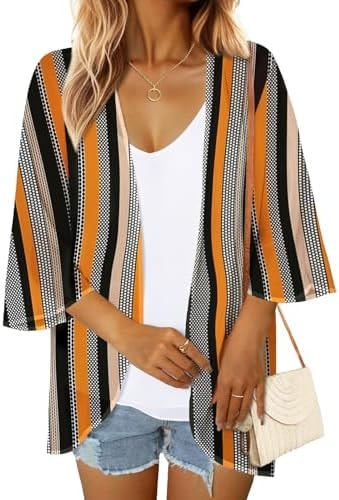 GKBK Women's Floral Print Puff Sleeve Kimono Cardigan Beachwear Capes Loose Cover Up Casual Blouse Tops Black Khaki Stripes XL
