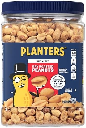 PLANTERS Unsalted Dry Roasted Peanuts, Resealable Jar, Kosher Nuts, Plant-Based Protein, Quick Snack for Adults, After School Snack, 35 oz Canister