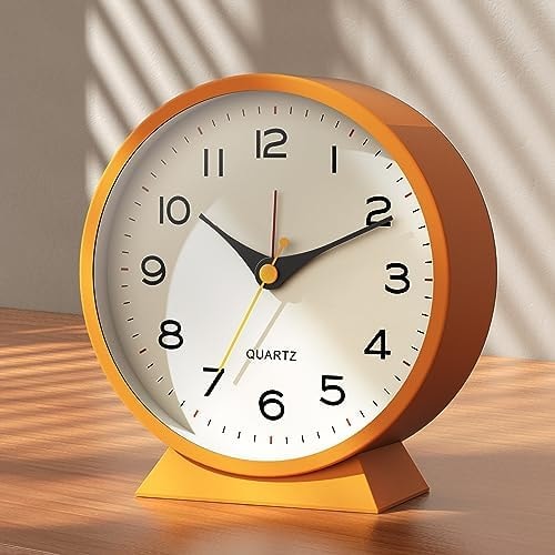 AYRELY® 4.5" Analog Alarm Clock,Small Retro Desk Clock Battery Operated,Silent Metal Table Clock with Light for Living Room Decor,Bedroom,Bedside,Shelf (Orange-Yellow)
