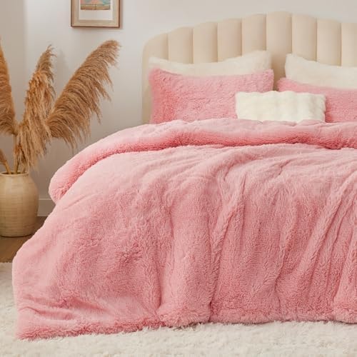 BEDELITE Pink Fluffy Comforter Set Queen, Fuzzy Faux Fur Comforter