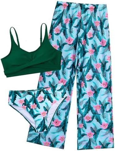 Seanrui Girls Kids Swimsuits 3 Piece Bikini Set with Swim Pants Two Piece High-Waisted Bathing Suits Swimwear 6-7 Years