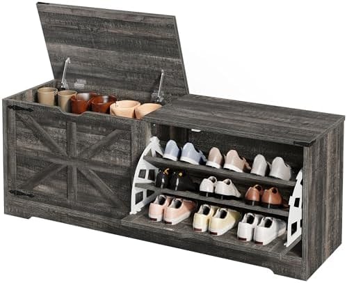 DWVO 55" Farmhouse Shoe Storage Bench with 3 Flip Drawers