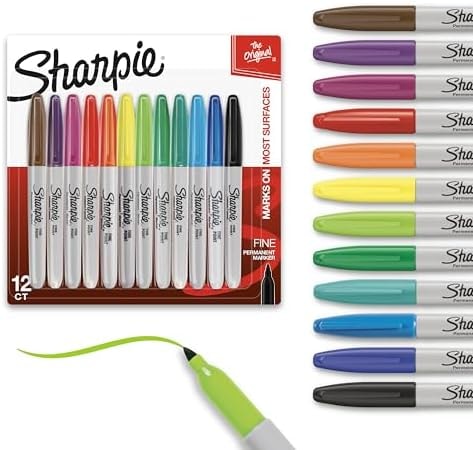 Sharpie Permanent Markers, Fine Tip, 12 Count - Quick Drying, Fade Resistant, Arts & Crafts, Desk, Office Supplies