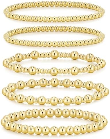 adoyi Gold Bracelets for Women, 14K Gold Plated Beaded Stretch Bracelet Strand Bead Ball Bracelets stack Set Trendy Adjustable Non Tarnish Jewelry Sets for Womens Gifts