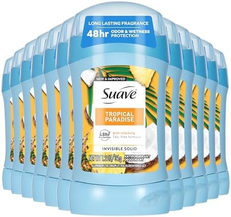 Suave Antiperspirant Deodorant For Women, Invisible, Underarm Deodorant, 48hr Odor & Wetness Protection, Long Lasting Tropical Fragrance, Sensitive Skin Deodorant Solid Stick, 1.2 oz (12 Bulk Pack)