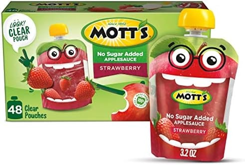 Mott's No Sugar Added Strawberry Applesauce, 3.2 Oz Clear Pouches, 48 Count (4 Packs Of 12), Good Source Of Vitamin C, No Artificial Flavors