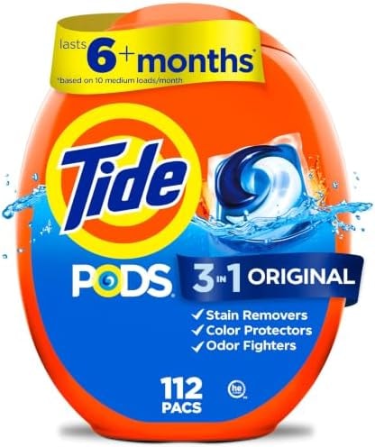 Tide PODS laundry detergent pacs, 3-in-1 Stain Remover, Odor Fighter, Color Protector, 112 Count, HE compatible, Original Scent