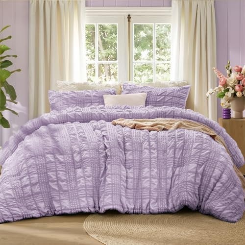BEDELITE Queen Comforter Set, Seersucker Bedding Set 3 Pieces, Lavender