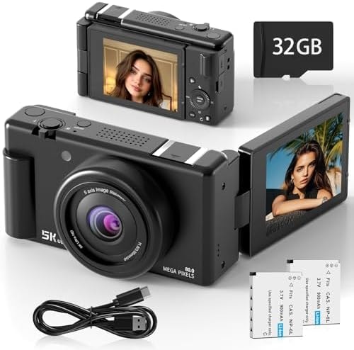 True 5K Digital Camera for Photography, 80MP Vlogging Camera for YouTube & Content Creators with 3" 270° Flip Screen, 18X Digital Zoom & Autofocus, Includes 2 Batteries, 32GB Card & Flash, Black