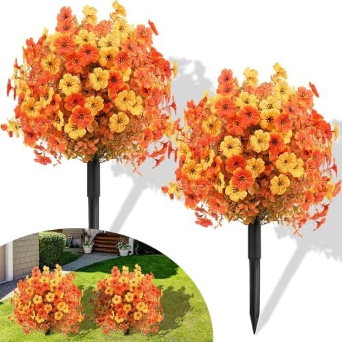 20" Set of 2 Artificial Fall Topiary Ball Flowers for Outdoors, Fake Plant