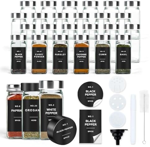 OMOZUN Spice Jars with Label, 24pcs 4oz Glass Spice Jars with Stainless Steel Lids, Square Spice Containers with 304 Labels and Shaker Inserts, Empty Seasoning Bottles for Drawer, Cabinet, Organizer